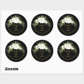 Sticker Rond Mariage de cadre moderne blanc floral noir or (Feuille)