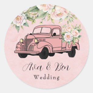 Sticker Rond Mariage de camion Vintage Blush Pink Peony
