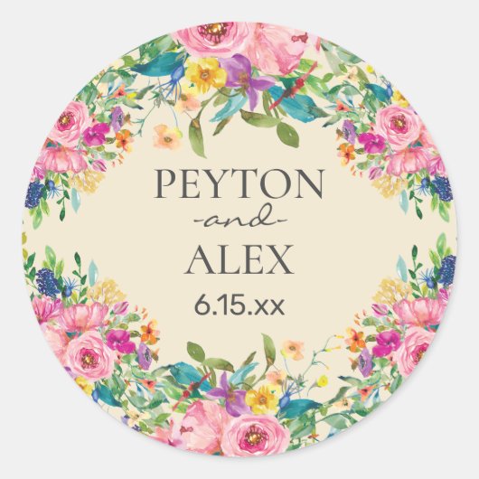 Sticker Rond Mariage de chambre de mariée rose bleu jaune (Devant)