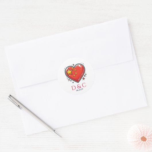 Sticker Rond Mariage de coeur en couple chinois (Enveloppe)