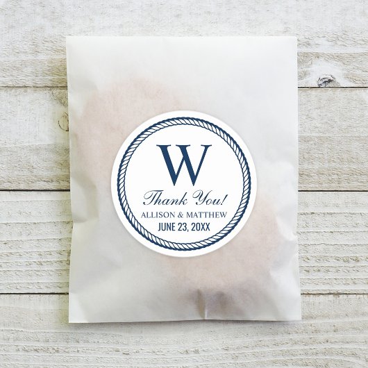 Sticker Rond Mariage de corde marine nautique Monogramme Merci