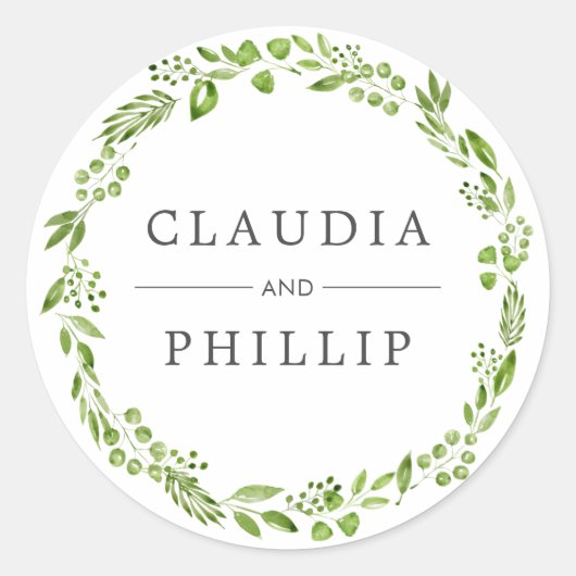 Sticker Rond Mariage de courme de feuille d'olive vert rustique (Devant)