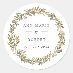 Sticker Rond Mariage de courme d'olive rustique aquarelle