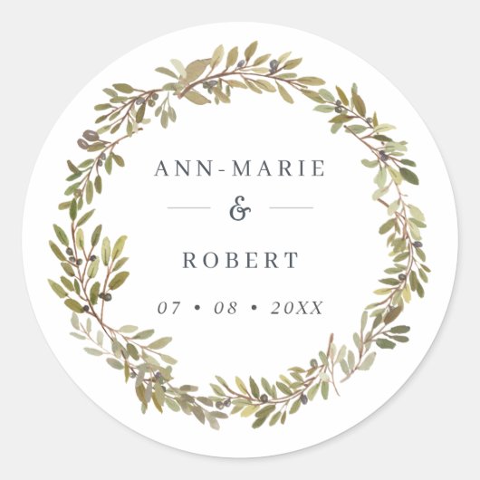 Sticker Rond Mariage de courme d'olive rustique aquarelle (Devant)