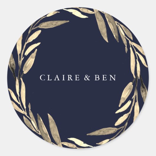 Sticker Rond Mariage de couronne bleu marine moderne feuille do (Devant)