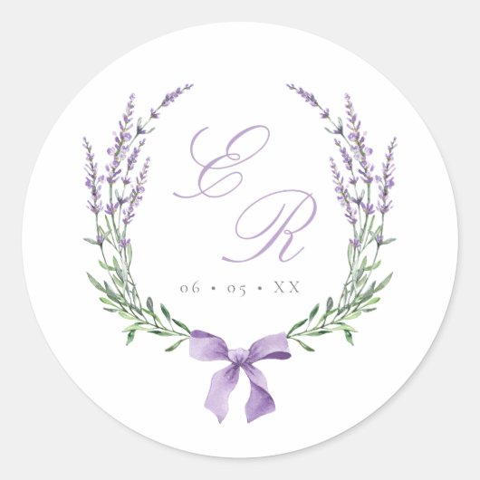 Sticker Rond Mariage de couronne et de monogramme de lavande (Devant)