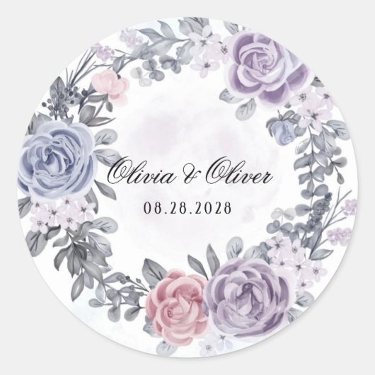 Sticker Rond Mariage de couronnes florales bleu violet rose (Devant)