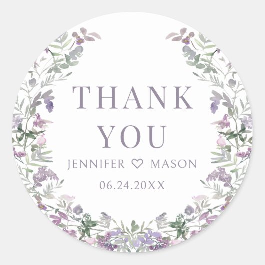 Sticker Rond Mariage de couronnes florales pourpres Boho merci (Devant)