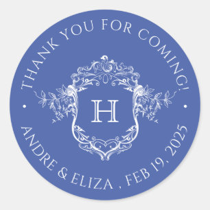 Sticker Rond Mariage de crête de monogramme bleu Régence vintag