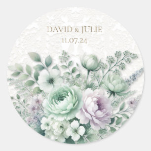 Sticker Rond Mariage de dentelle blanc et vert menthe