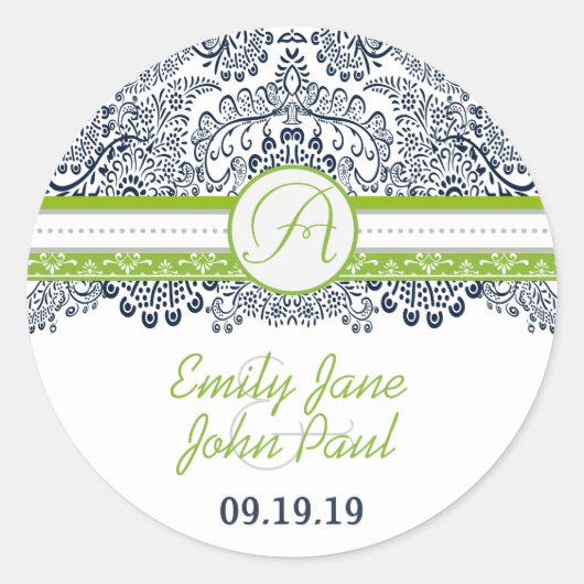 Sticker Rond Mariage de dentelle gris vert de la marine (Devant)