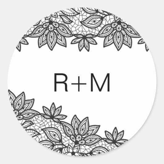 Sticker Rond Mariage de dentelle romantique noir et blanc Monog (Devant)