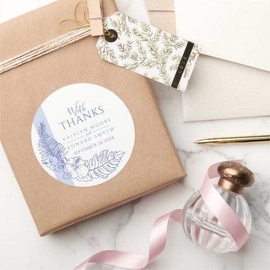 Sticker Rond mariage de dessin tropical bleu merci (Cadeaux)