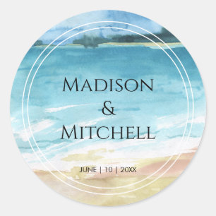 Sticker Rond Mariage de destination à la plage océan aquarelle
