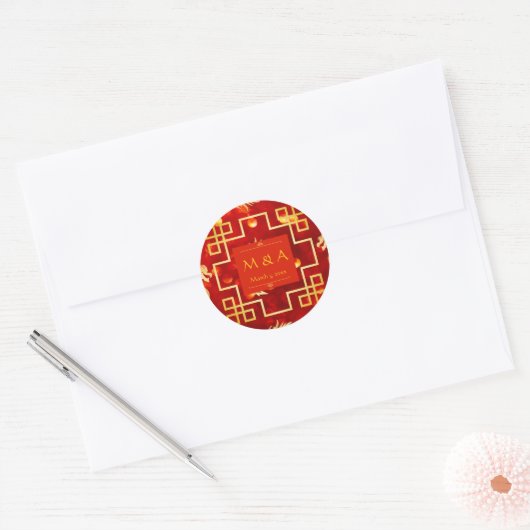 Sticker Rond Mariage de dragon rouge et or (Enveloppe)