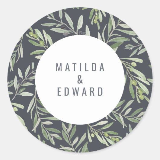 Sticker Rond Mariage de feuillage minime d'olivier moderne (Devant)