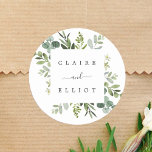 Sticker Rond Mariage de feuillage vert Eucalyptus<br><div class="desc">Cet autocollant mariage présente des eucalyptus à aquarelle peinte,  feuilles verts et cadre carré. Pour une personnalisation plus avancée de cette conception,  cliquez sur le lien "Customiser plus loin". Des articles correspondants sont également disponibles.</div>