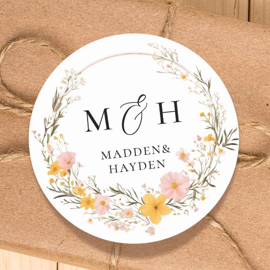 Sticker Rond Mariage de Fleur sauvage de fleurs de Boho neutres