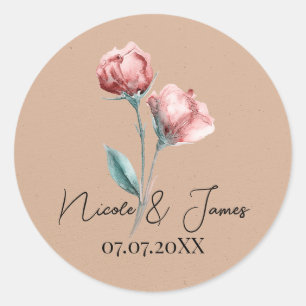 Sticker Rond Mariage de Fleurs Aquarelle Beige Pêche