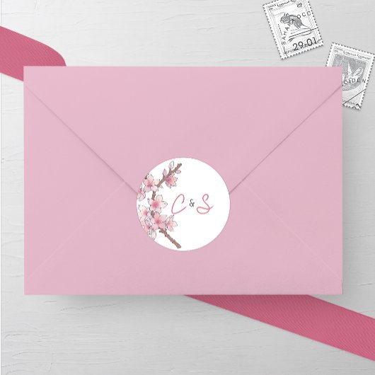 Sticker Rond Mariage de fleurs de cerisier d'aquarelle