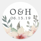 Sticker Rond Mariage de fleurs de pêche Monogramme et date (Devant)