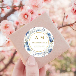 Sticker Rond Mariage de fleurs de printemps bleu Dusty