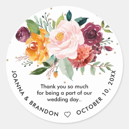 Sticker Rond Mariage de fleurs florales de Bourgogne d'automne (Devant)