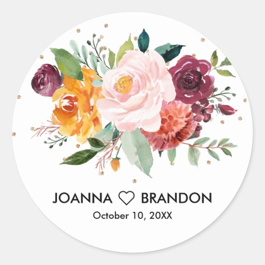 Sticker Rond Mariage de fleurs florales de Bourgogne d'automne (Devant)