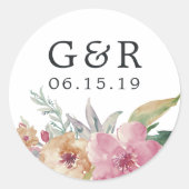 Sticker Rond Mariage de fleurs peintes Monogramme et date (Devant)