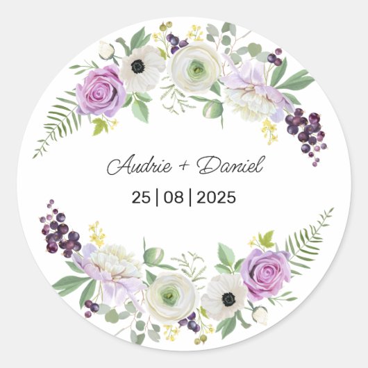 Sticker Rond Mariage de fleurs rustiques violettes et vertes (Devant)