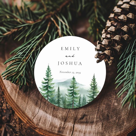 Sticker Rond Mariage de forêt de pins rustiques