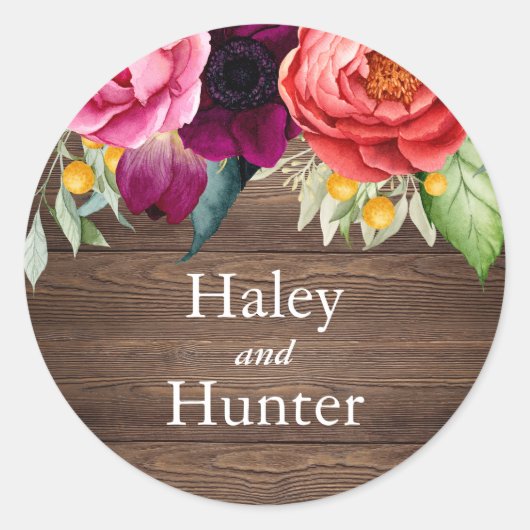 Sticker Rond Mariage de grange rustique bois et fleurs (Devant)
