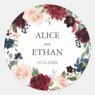 Sticker Rond Mariage de la couronne de fleurs bleues de Bourgog