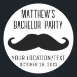 Sticker Rond Mariage de la Mustache noire de la fête de bachelo<br><div class="desc">Ces autocollants de mariage pour moustache noire seront un complément parfait à votre enterrement de vie de célibataire, surtout pour tout type de faveur que vous donnerez à vos groomsmen! Personnalisez avec le nom du marié et le titre de l'événement, l'emplacement de la fête de célibataire ou tout autre message...</div>