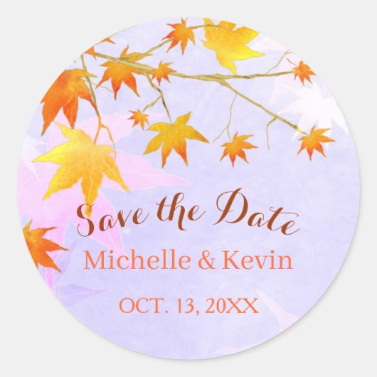 Sticker Rond Mariage de l'érable d'automne Enregistrer la date (Devant)