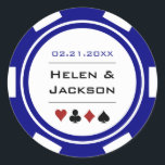 Sticker Rond Mariage de marine Blue and White Poker Chip Casino<br><div class="desc">Se marier à Las Vegas ou une autre ville de casino amusante ? Ou avoir un mariage à thème casino ? Ces autocollants bleu marine complèteraient parfaitement les faveurs de vos invités ou scanneraient leurs invitations. Offres d'invitation et de fête correspondant disponibles.</div>