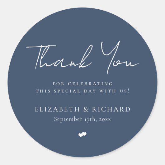 Sticker Rond Mariage de Merci de script bleu Whimsical Navy (Devant)