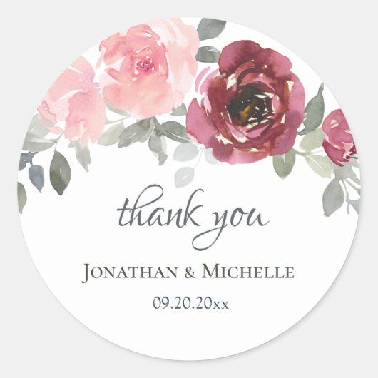 Sticker Rond Mariage de Merci Floral rose-bordeaux (Devant)