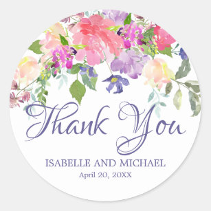 Sticker Rond Mariage de Merci floral rose et violet romantique