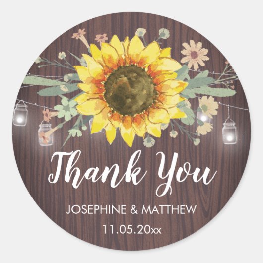 Sticker Rond Mariage de Merci rustique Tournesol Jar (Devant)
