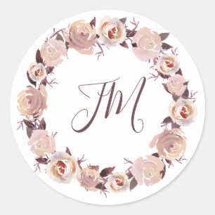Sticker Rond Mariage de monogramme à couronne florale Rose