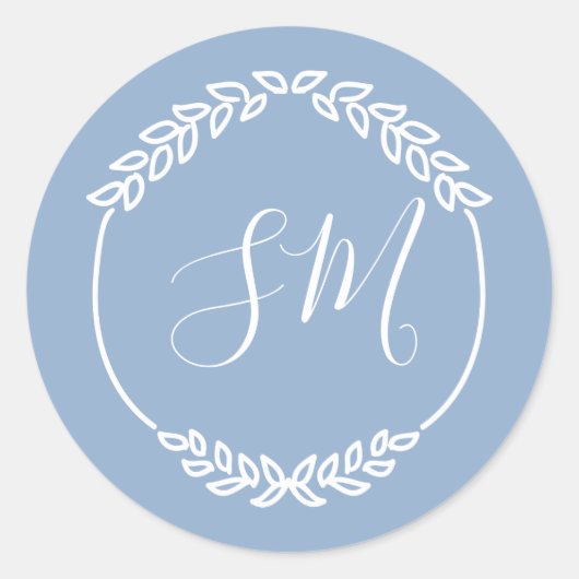 Sticker Rond Mariage de monogramme à feuilles blanches bleu fon (Devant)