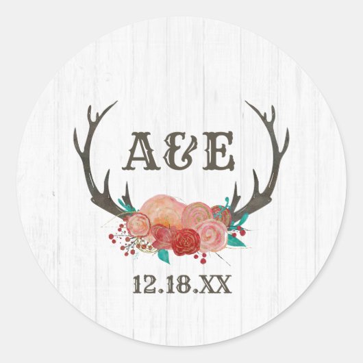 Sticker Rond Mariage de monogramme Antler Boho Deer Rustique Wo (Devant)