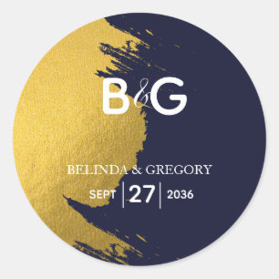Sticker Rond Mariage de Monogramme bleu de la Marine Faux Gold