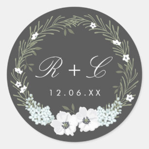 Sticker Rond Mariage de monogramme de couronne d'anémone vintag