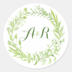 Sticker Rond Mariage de monogramme de couronne fleurie verte