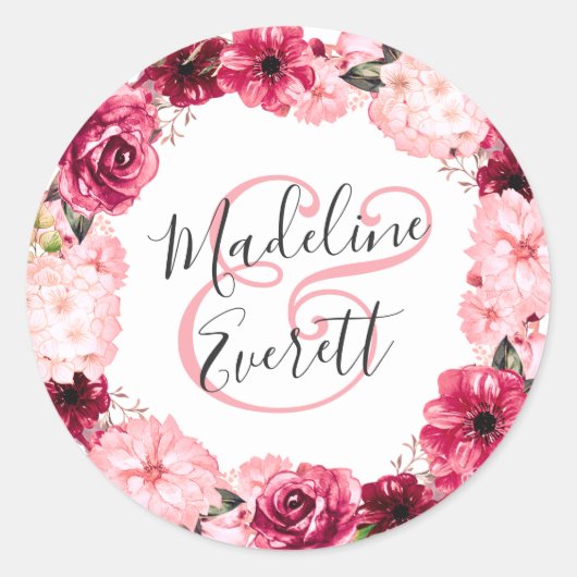 Sticker Rond Mariage de monogramme de couronne florale rose vif (Devant)