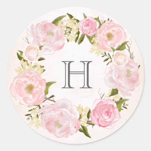 Sticker Rond Mariage de monogramme de couronne rose pâle (Devant)