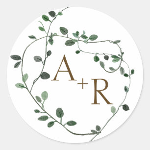 Sticker Rond Mariage de monogramme de couronne verte