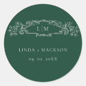 Sticker Rond Mariage de monogramme de crête botanique Emerald G (Devant)